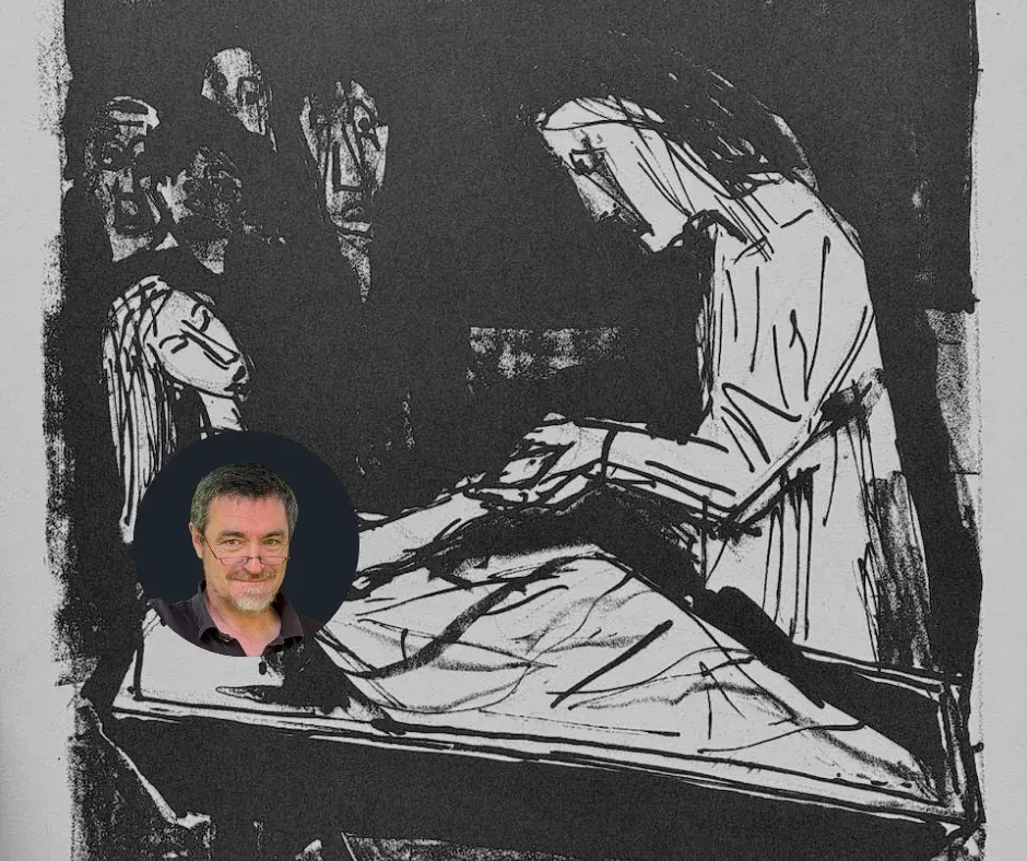 Dessin noir et blanc d'une mise au tombeau, portrait incrusté