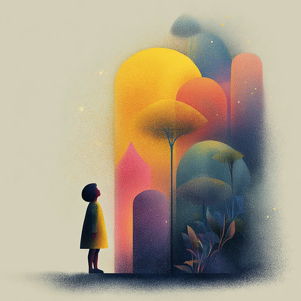 Illustration d'un enfant devant des formes colorées