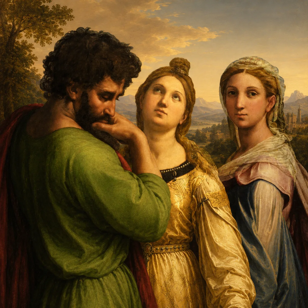 Peinture classique, homme barbu et deux jeunes femmes