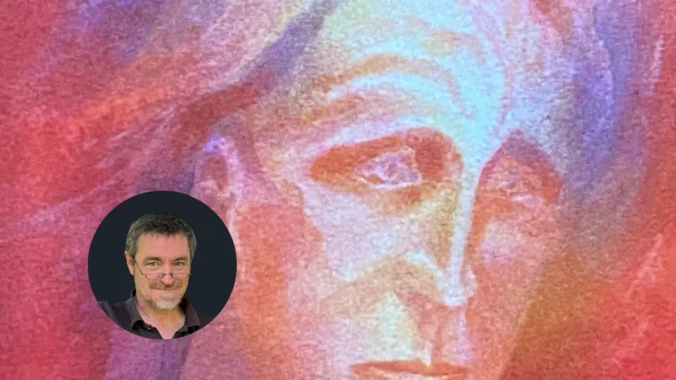 Peinture d'un visage aux tons rouges et bleus, portrait incrusté