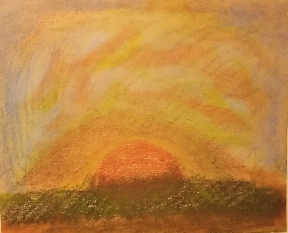 Pastel d'un lever de soleil orangé sur un pré