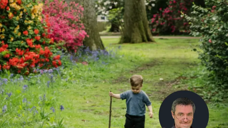 Enfant avec un bâton dans un parc fleuri, portrait incrusté