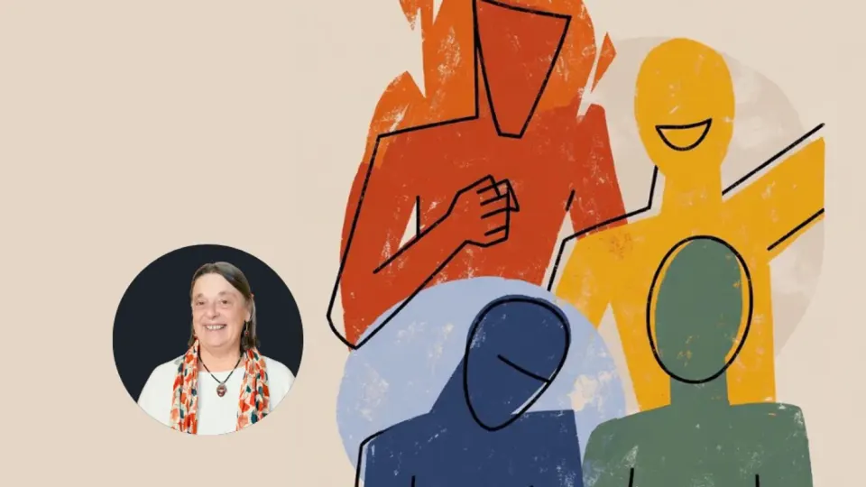 Illustration de silhouettes colorées et portrait rond d'une femme