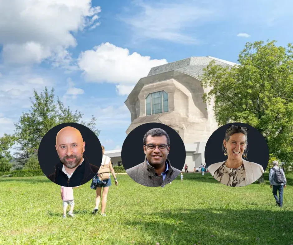 Goetheanum avec trois portraits ronds d'intervenants
