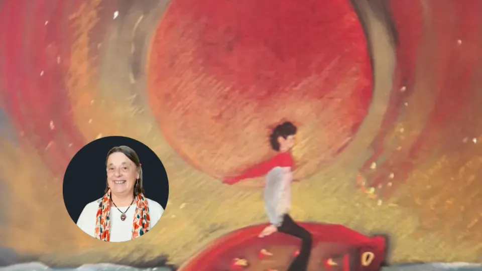 Peinture d'un enfant sur une barque, soleil rouge