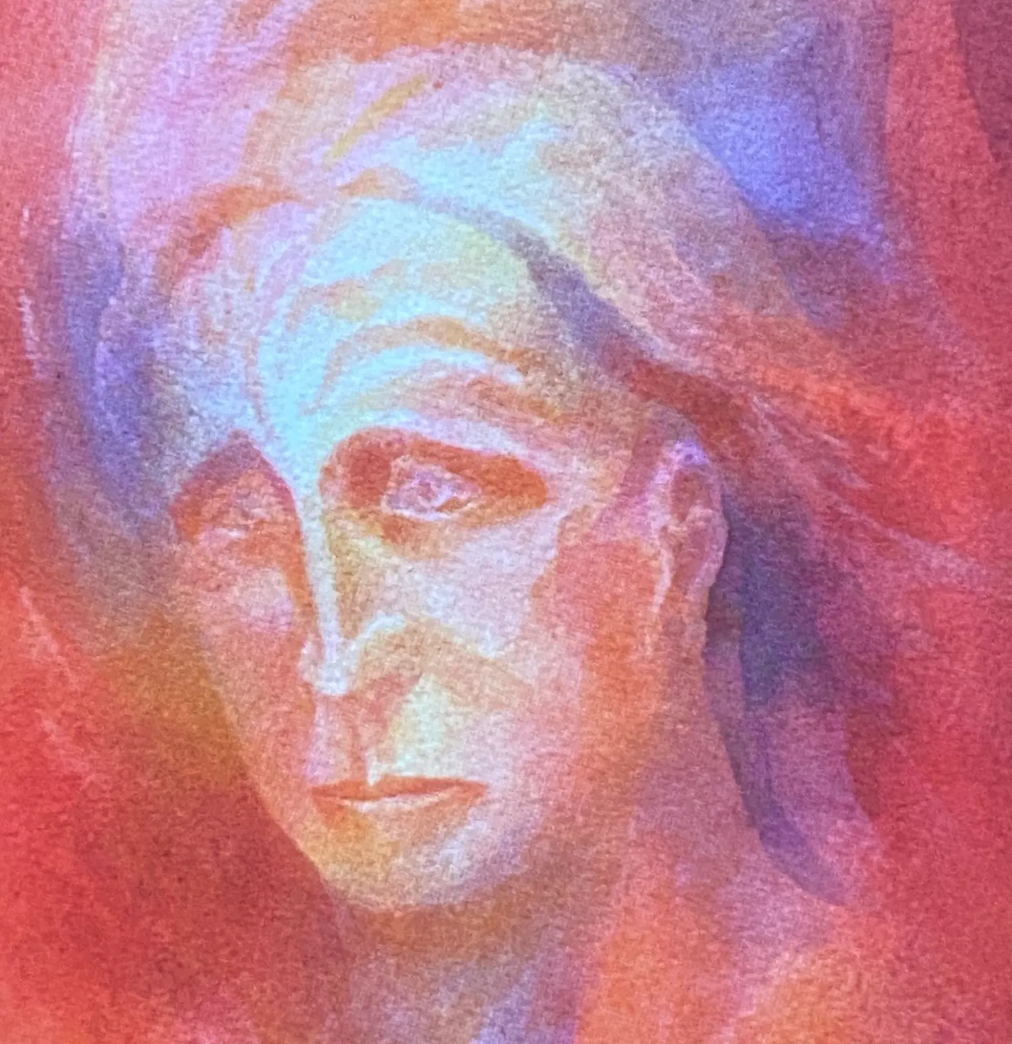 Peinture d'un visage humain aux tons rouges et bleus