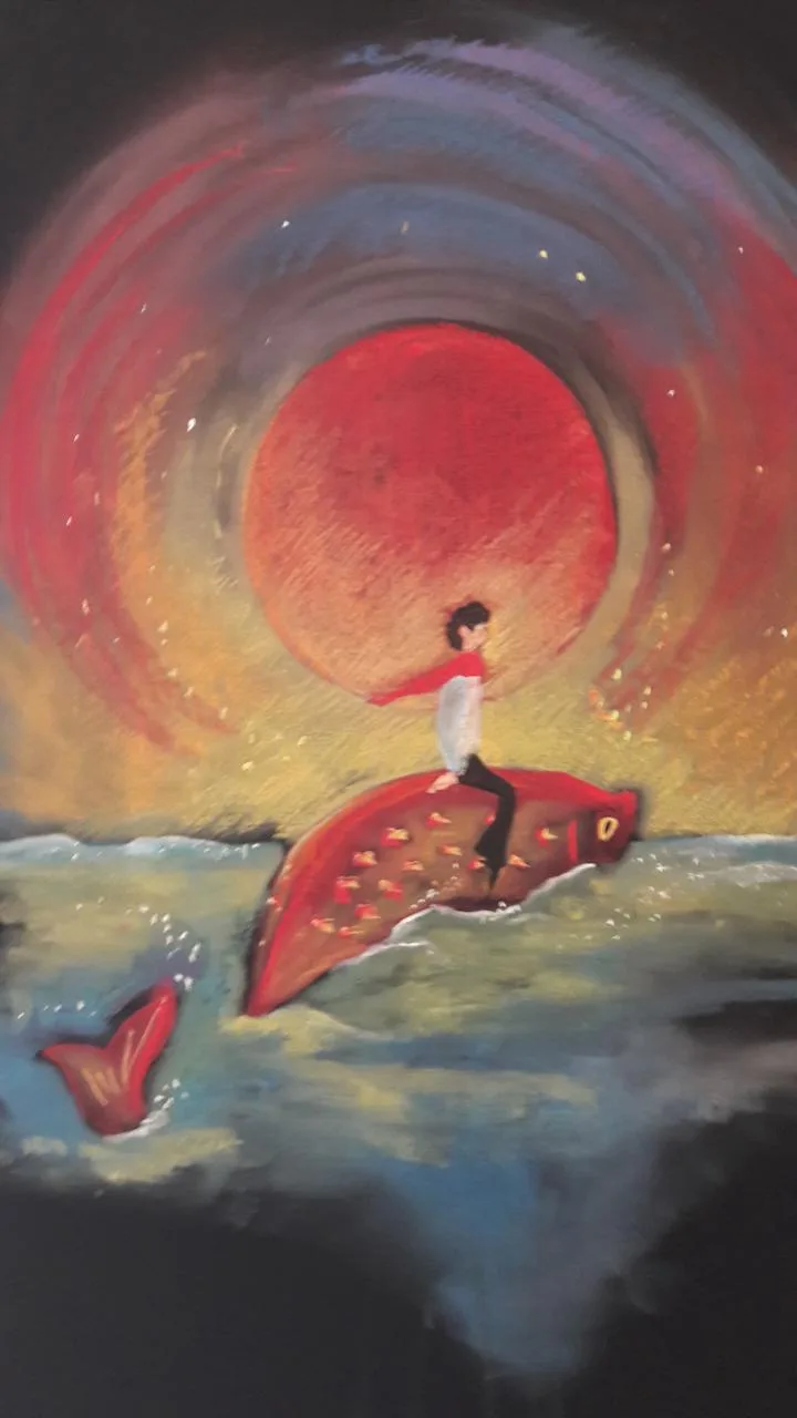 Peinture d'un enfant chevauchant un poisson rouge