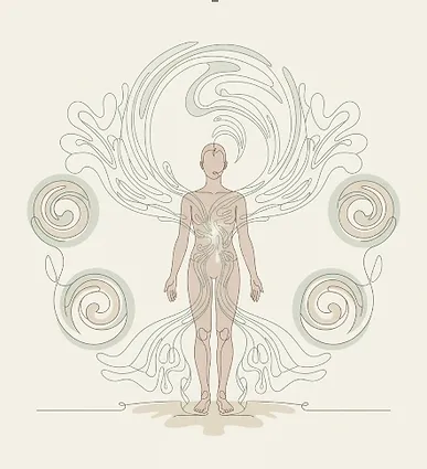 Dessin au trait d'une silhouette humaine et volutes