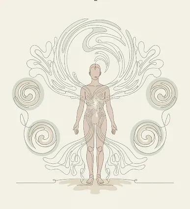 Dessin au trait d'une silhouette humaine et volutes