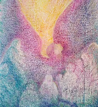 Peinture pastel : figure ailée lumineuse au-dessus de silhouettes