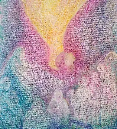 Peinture pastel : figure ailée lumineuse au-dessus de silhouettes