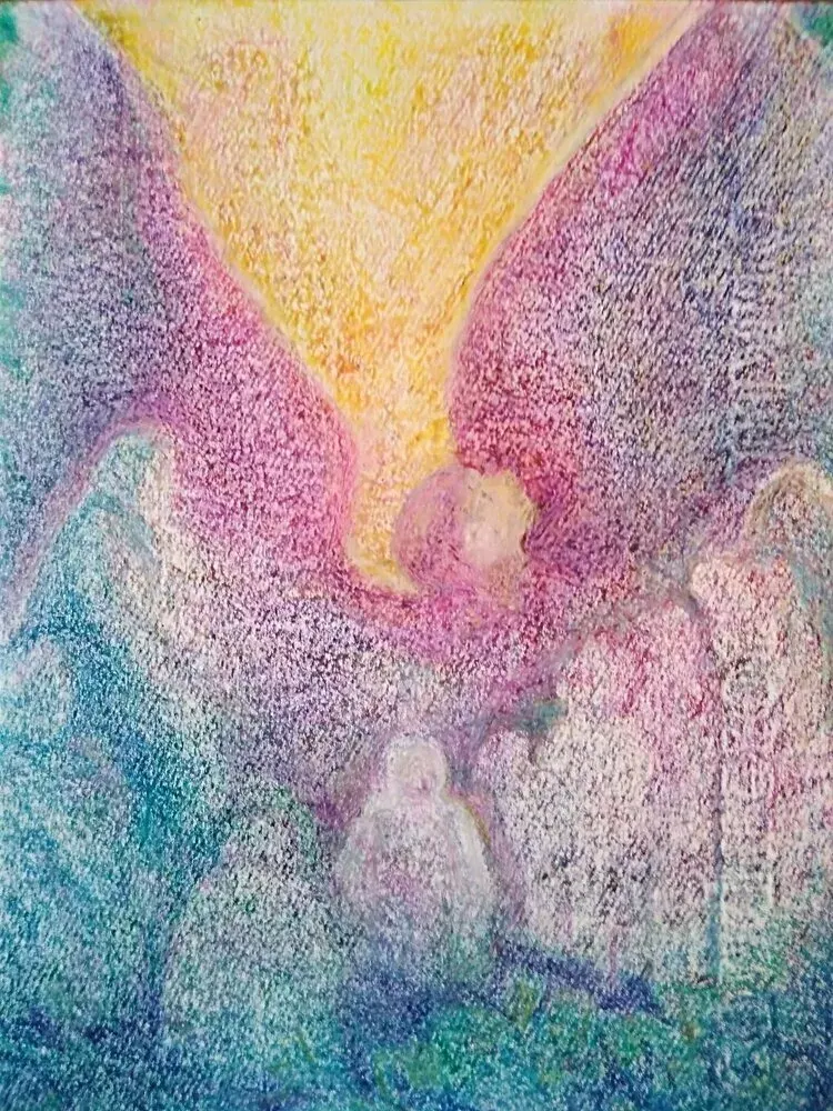 Peinture pastel : figures et grandes ailes lumineuses
