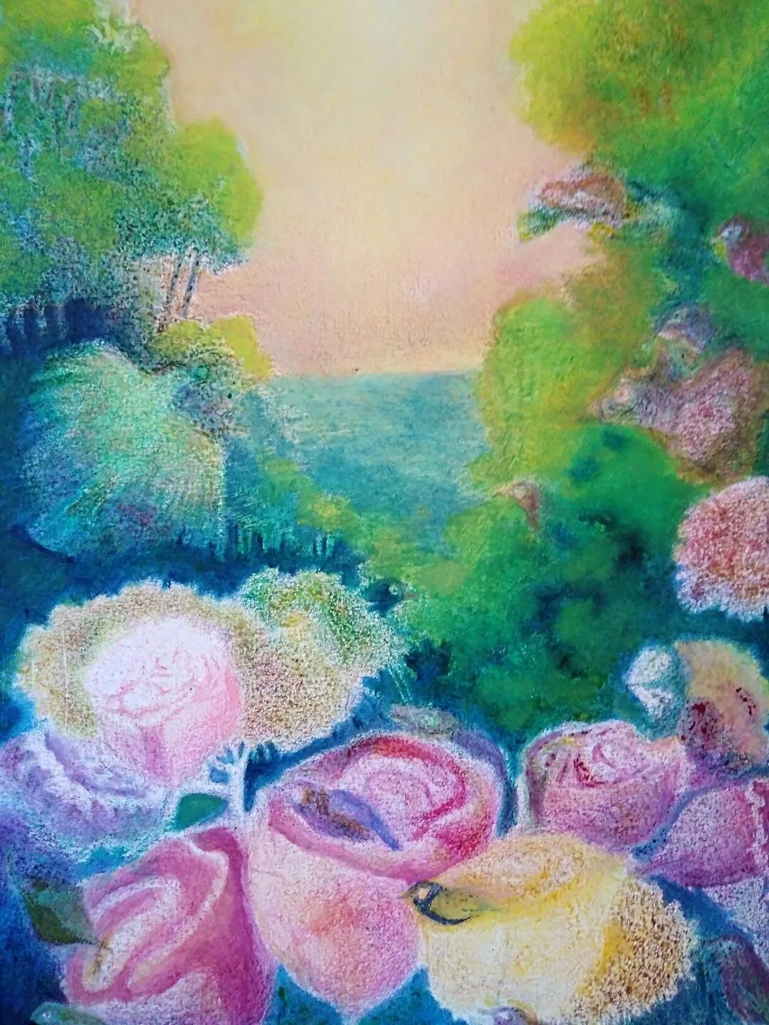 Peinture de roses devant un paysage marin
