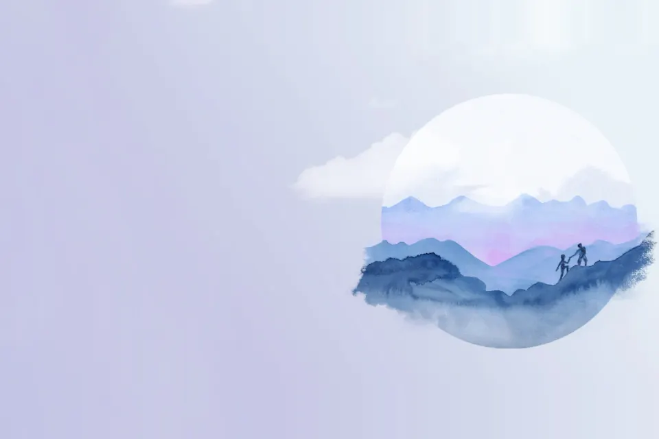 Illustration aquarellée d'un cercle de montagnes bleutées