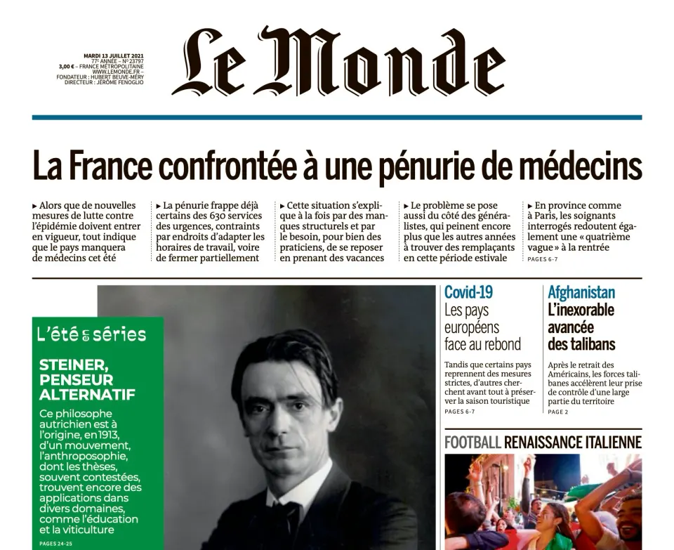 Une du Monde avec article sur Steiner