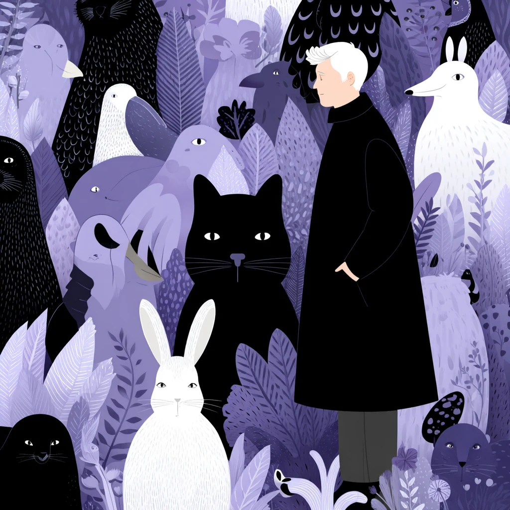 Illustration d'un homme en manteau noir entouré d'animaux