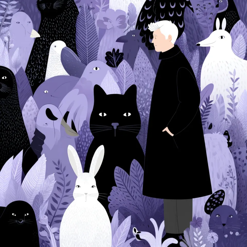 Illustration d'un homme en manteau noir entouré d'animaux
